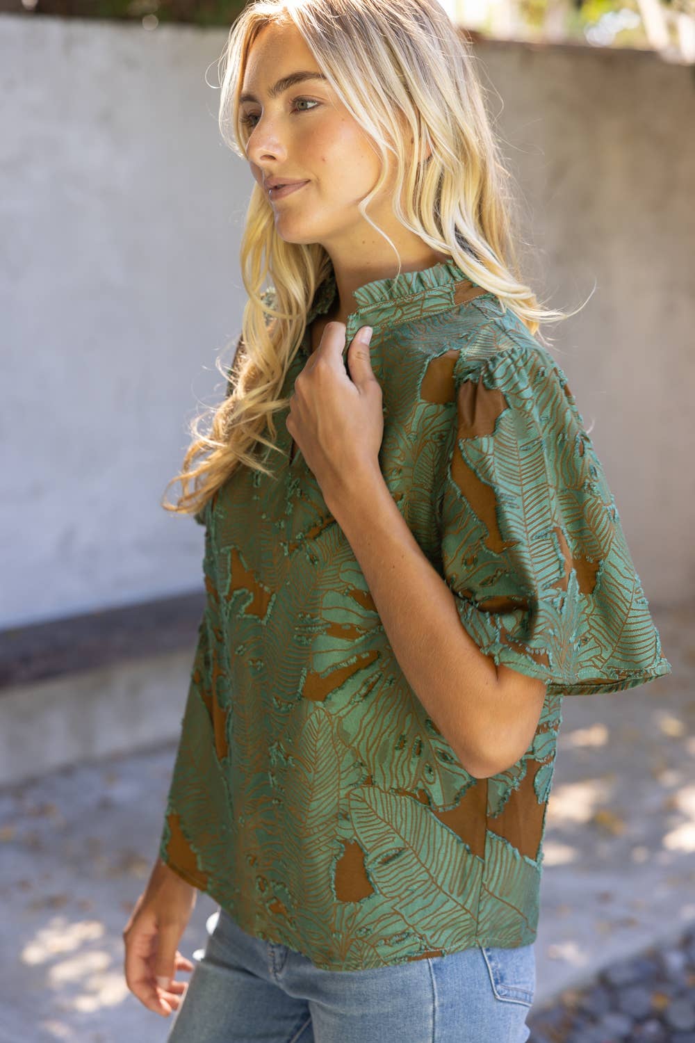 Emerald and Brown Ruffled V-Neck Floral Burnout Top