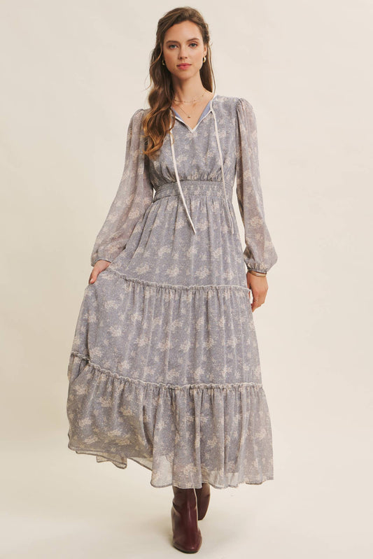Dusty Blue & Cream with contrast Midi Dress