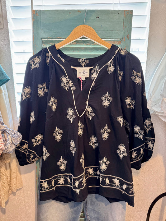 Umgee Black Embroidered Top