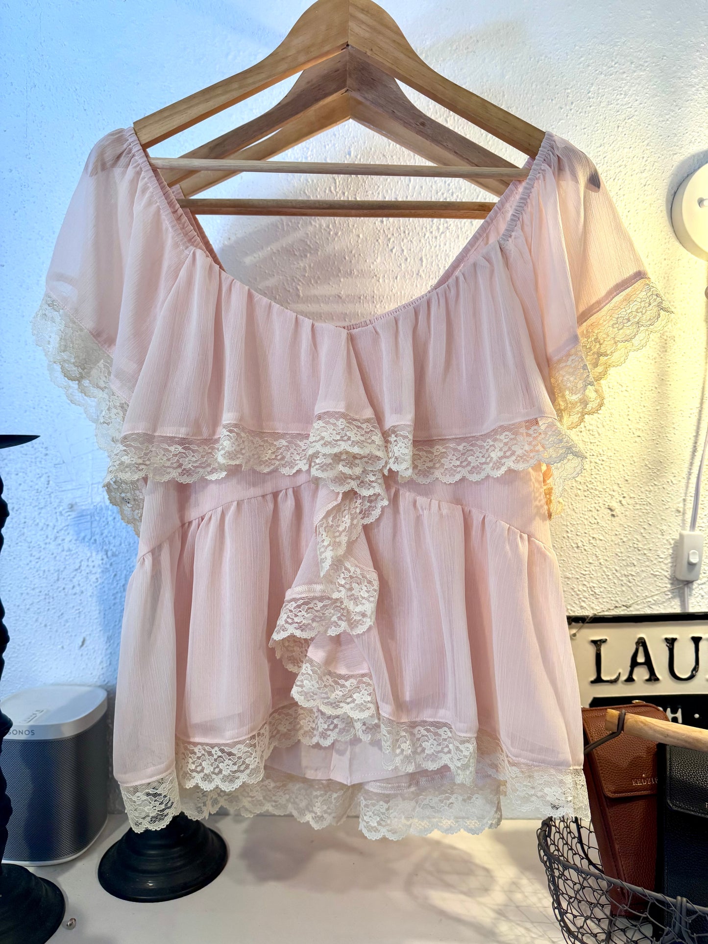 Pale Blush Ruffle and Lace Top