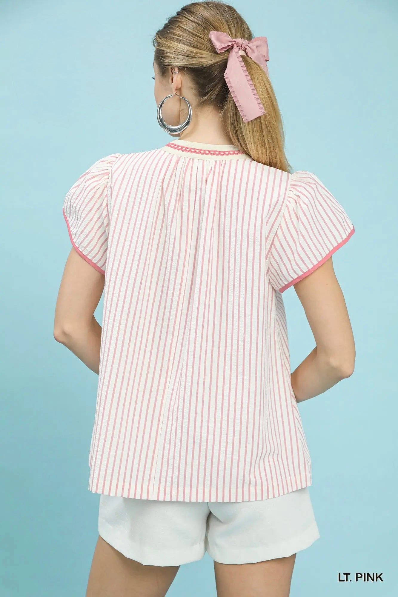 Striped Seersucker Appliqué Top-Pink