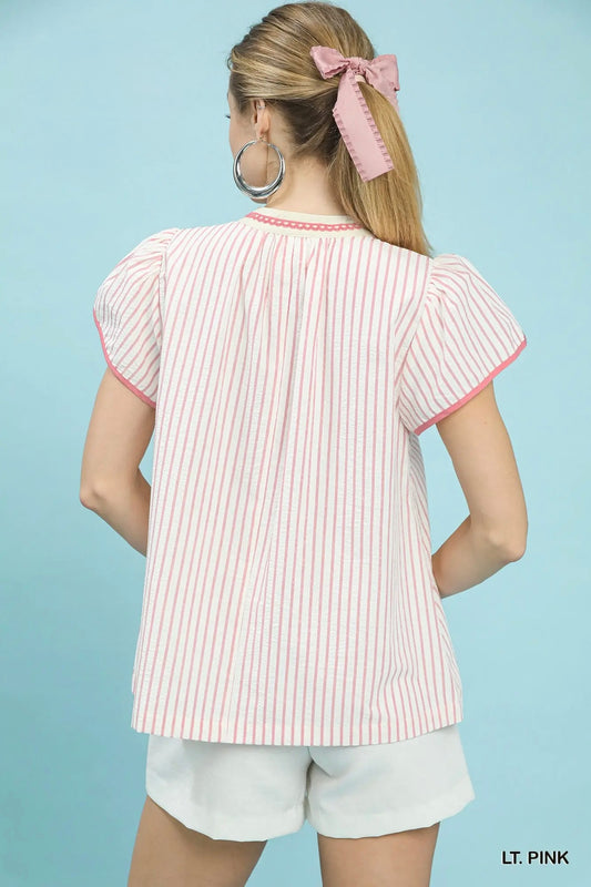Striped Seersucker Appliqué Top-Pink