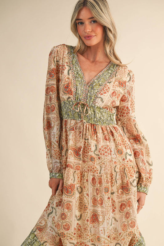 Mixed Paisley Print Midi Dress