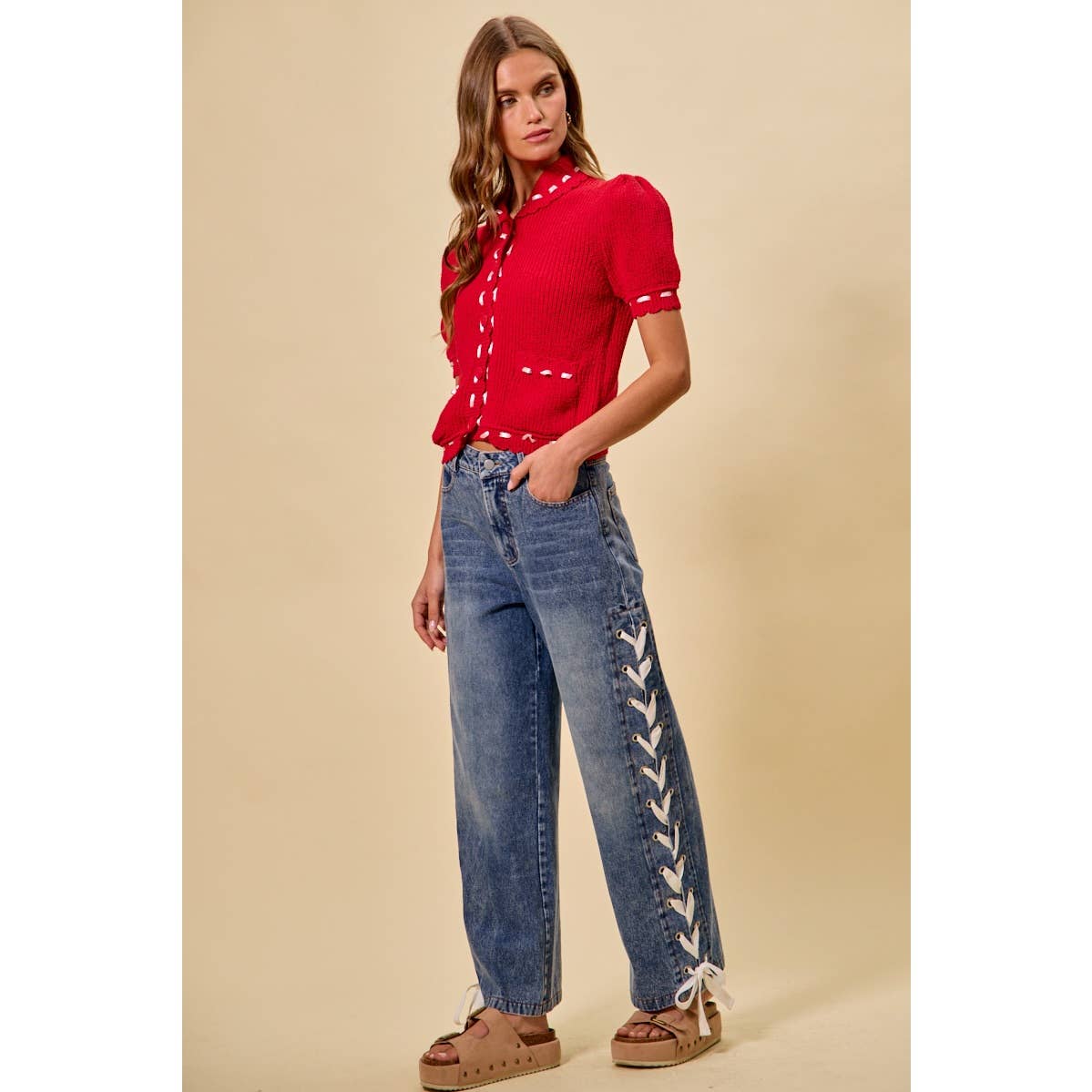 MID RISE STRAIGHT LEG DENIM SIDE LACE UP JEANS