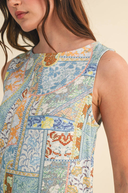 PATCHWORK PRINT DENIM SHIFT MINI DRESS