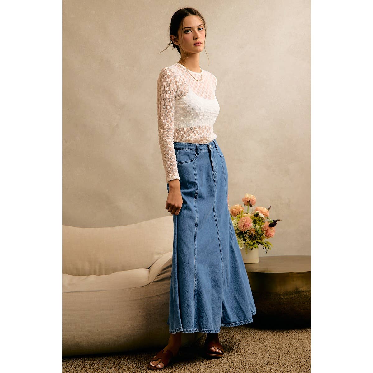 PLEATED DENIM WASHED WIDE FLOWY FIT MAXI SKIRT