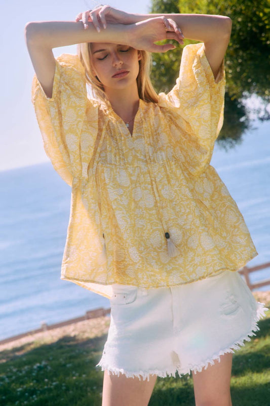 Walking on Sunshine Peasant Top-Lemon Yellow/White
