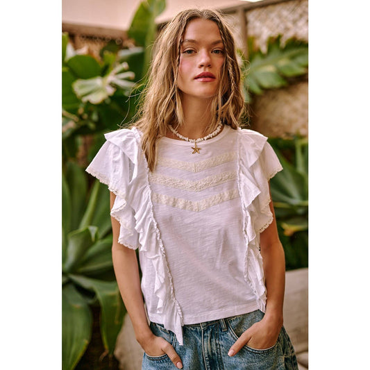 LACE AND RUFFLE ROUND NECK SHORT SLEEVE TOP