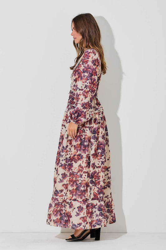 Burgundy & Taupe Lace Floral Maxi Dress