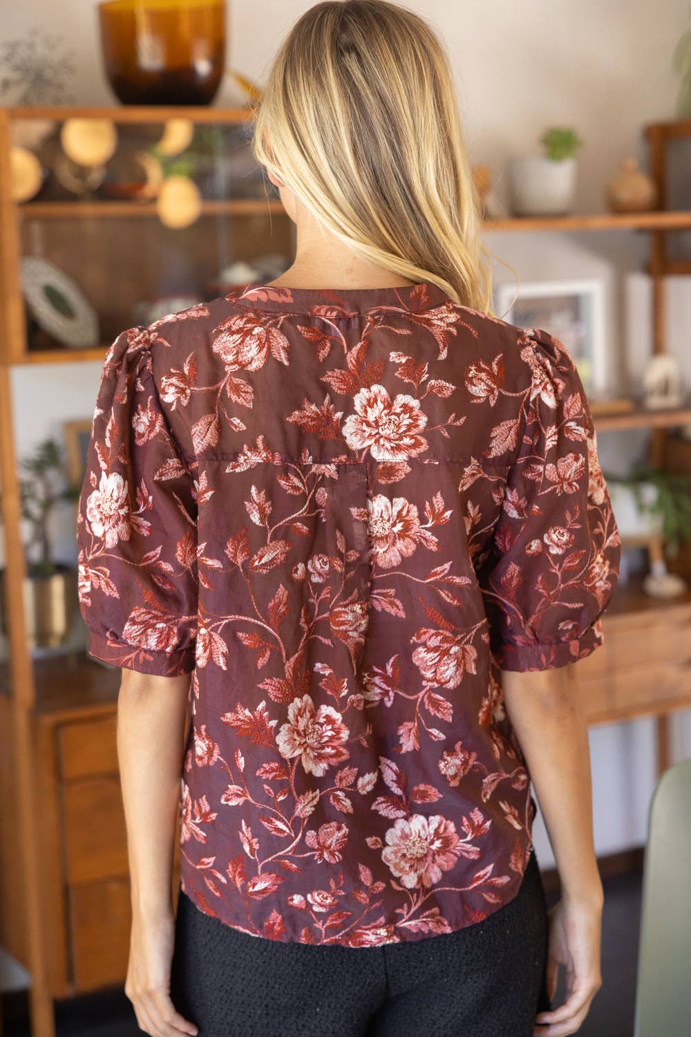 Maroon Floral Embroidered Button Down V-Neck Top