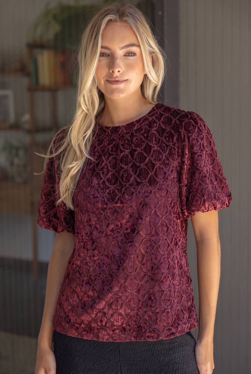 37096 Trellis Trimmed Crushed Velvet Bubble Sleeve Top