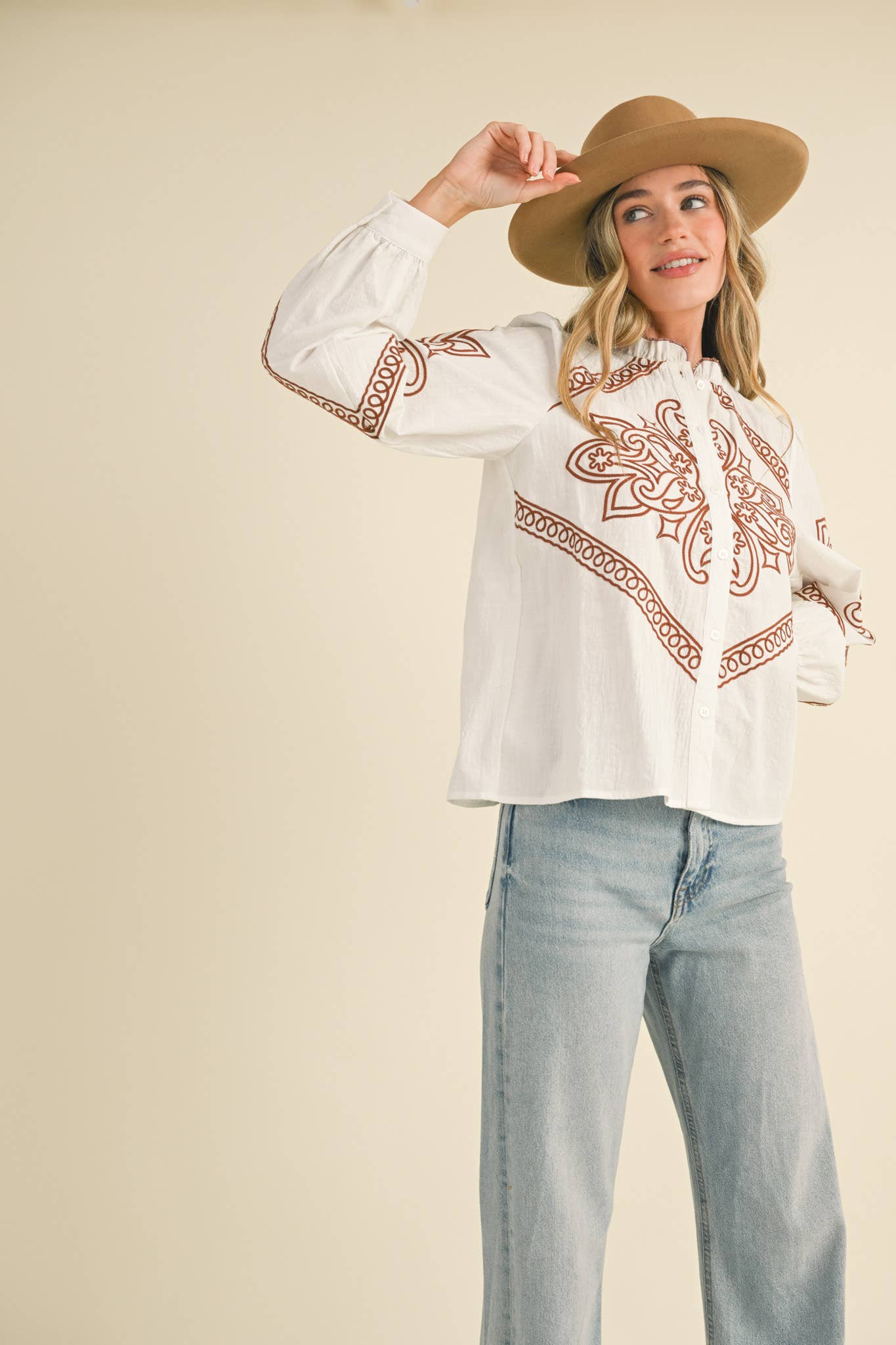EMBROIDERED MOCK NECK BUTTON UP TOP MTP3336
