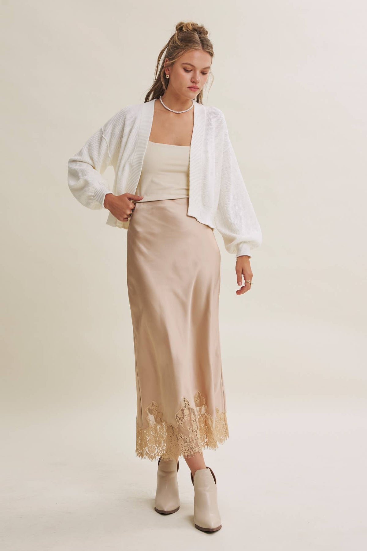Champagne and French Lace Satin Midi Skirt