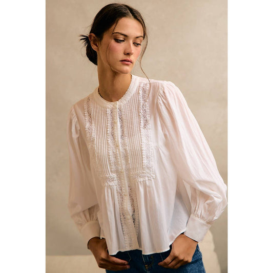 PLEATED LACE TRIM BUTTON-UP BLOUSE