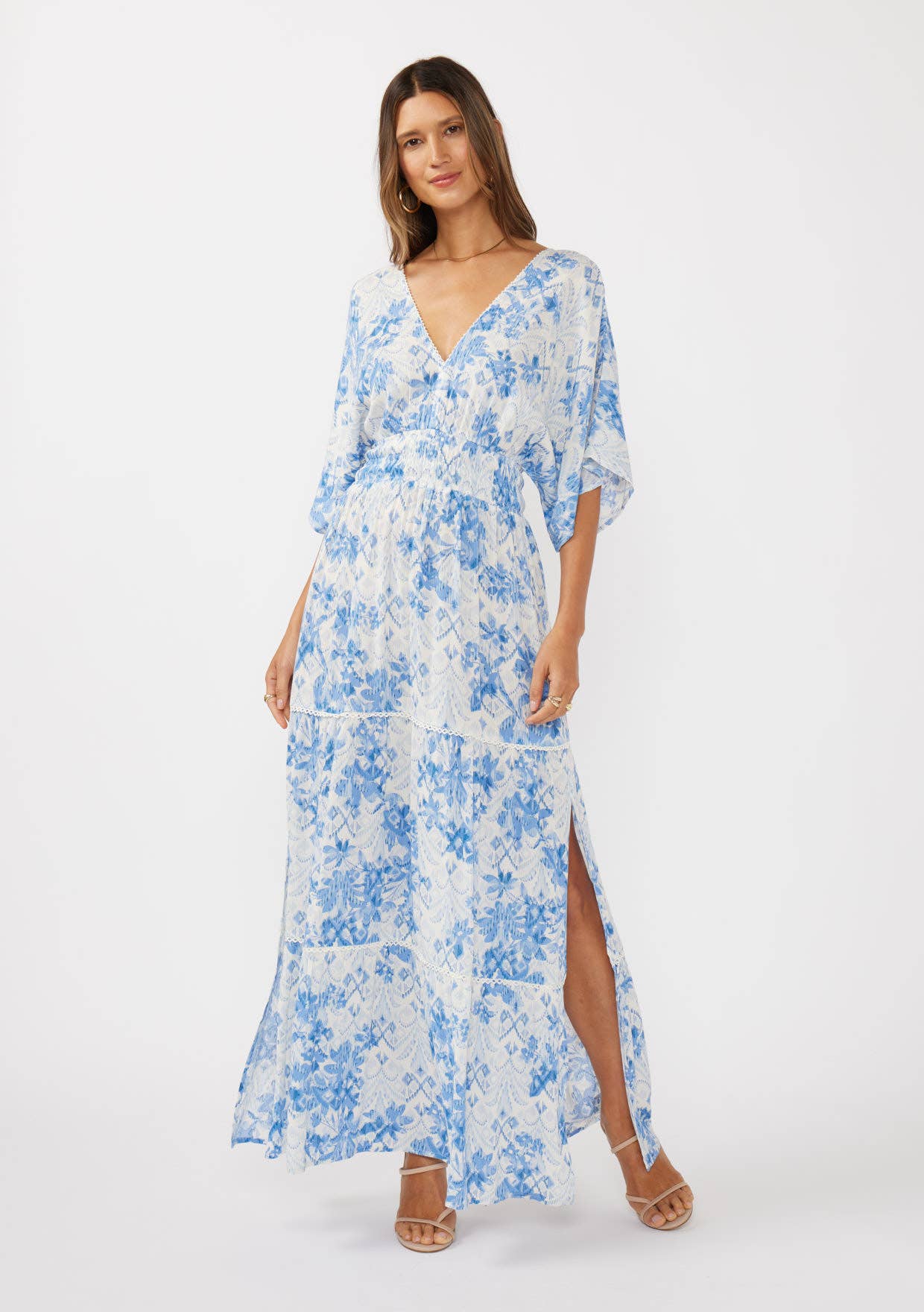 Double V-Neck Kimono Sleeve Maxi Dress