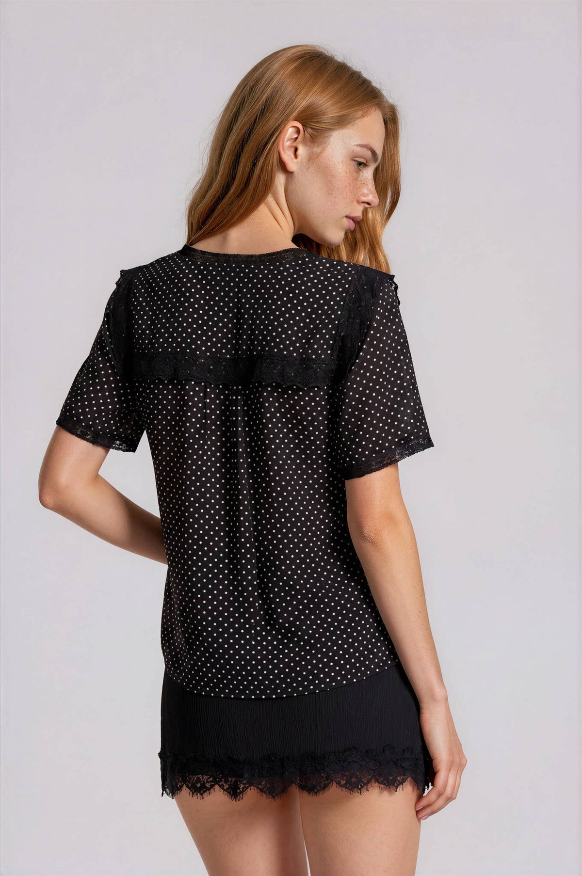 POLKA DOT LACE SQUARE COLLAR SHORT SLEEVE BLOUSE