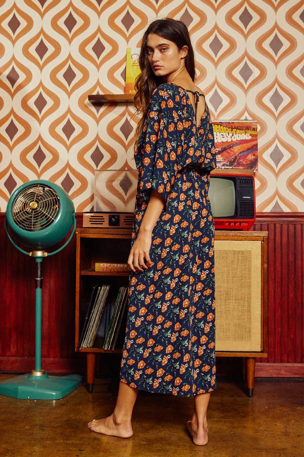 Navy & Rust Floral Printed V-neck Kimono Style Midi Dress