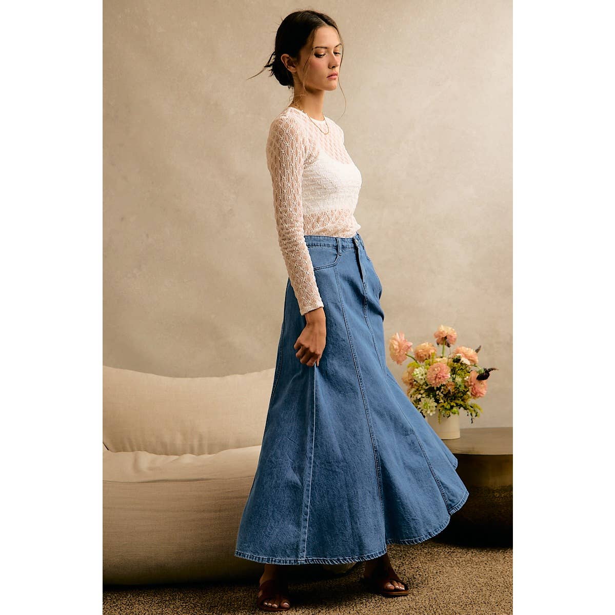PLEATED DENIM WASHED WIDE FLOWY FIT MAXI SKIRT