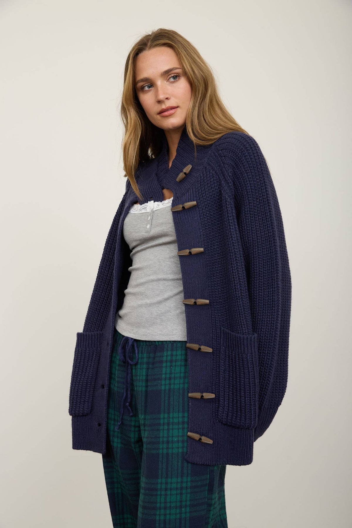 HIGH NECK TOGGLE RIB LONG LINE KNIT CARDIGAN