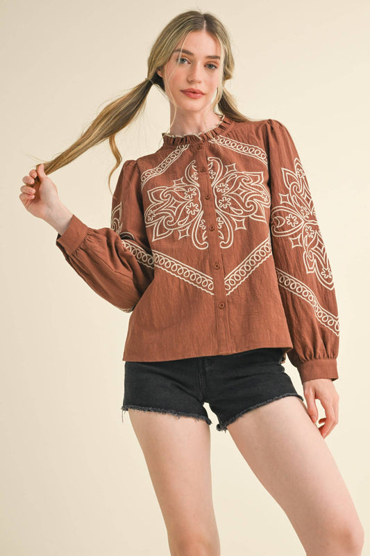 Embroidered Mock Neck Button Up Top