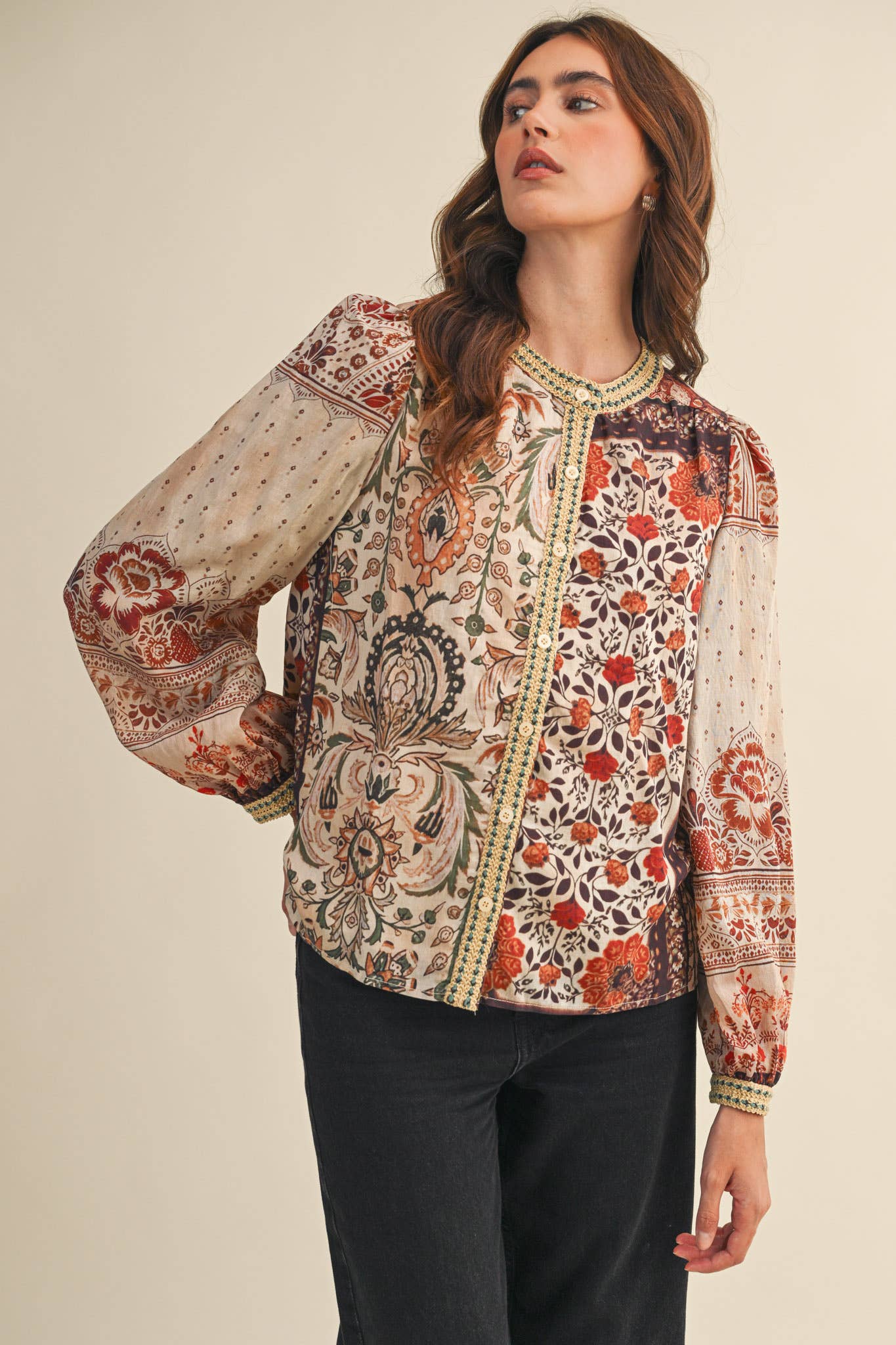 PATCHWORK PRINT CROCHET TRIM BUTTON DOWN TOP MTP4382