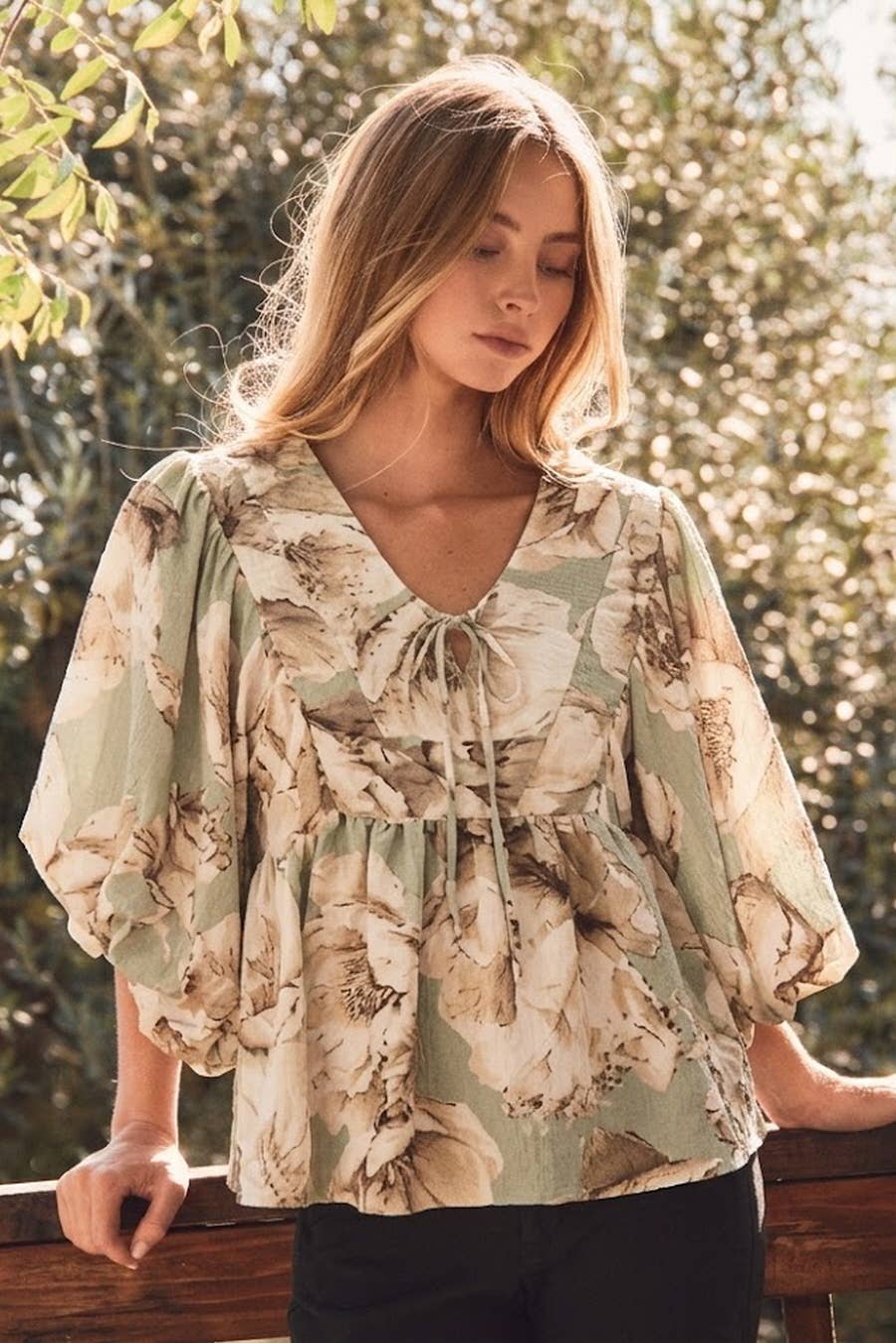 Green, Cream and Brown Floral Printed Blouse