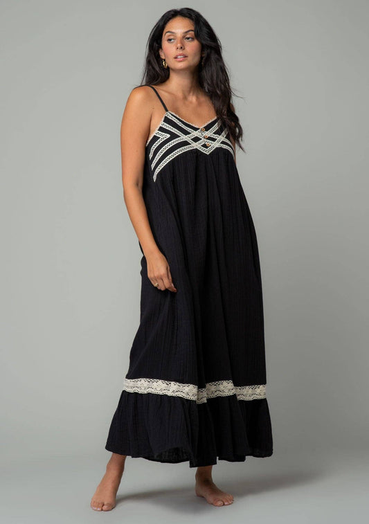 Cotton Sleeveless Crochet Trim Maxi Dress-Black and Cream