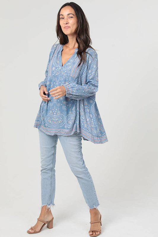 Blue Paisley Ladder Lace Detail Tunic Top