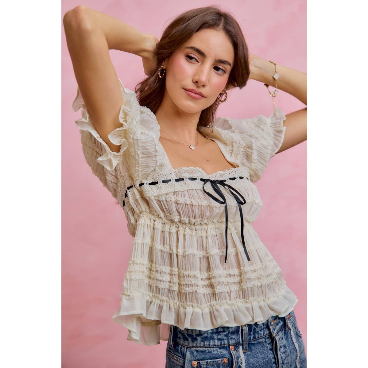 SHIRRED LACE RUFFLE PUFF SLEEVE BLOUSE TOP