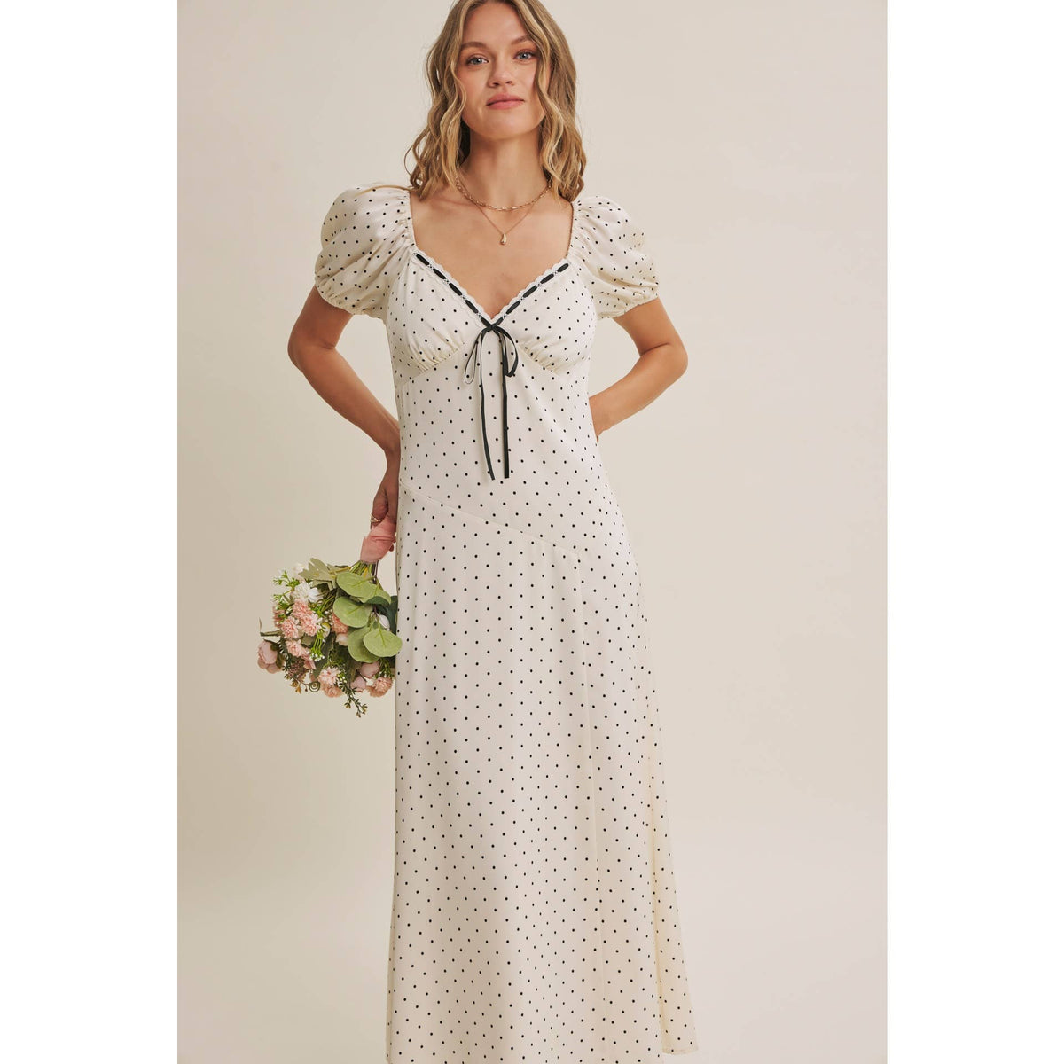 Vintage Paris Flowy Fit & Flare Polka Dot Satin Midi Dress-Ivory/Black