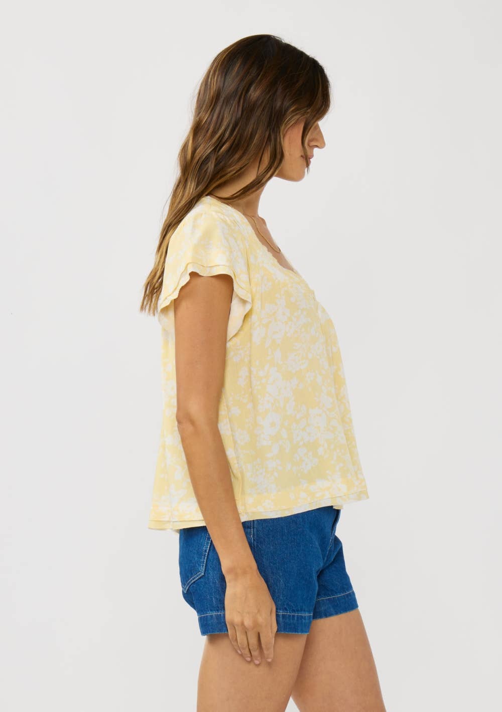 Flutter Sleeve V-Neck Floral Top-Butter Yellow