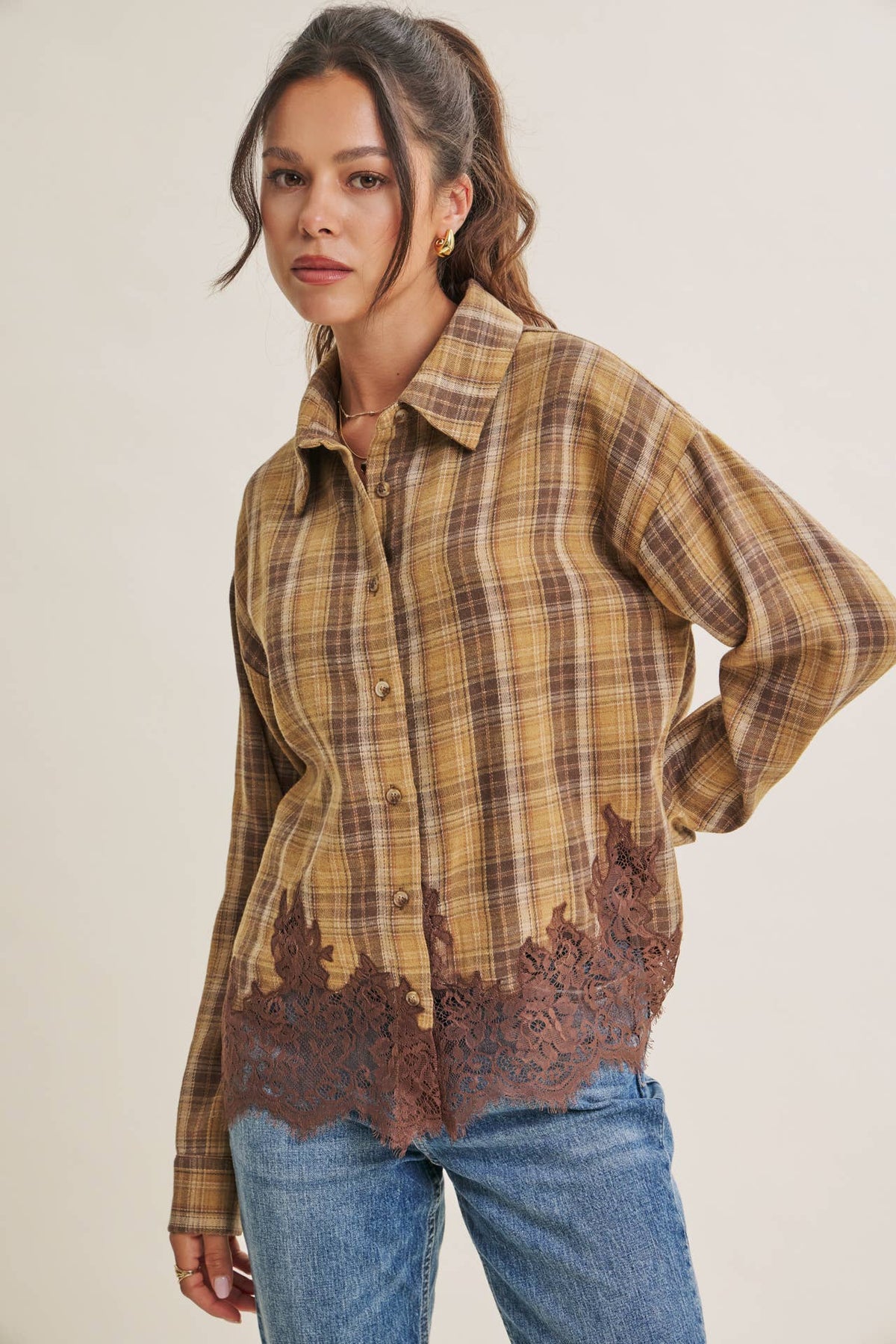 WESTERN ROMANTIC PLAID EYELASH LACE HEM BUTTON-DOWN SHIRT