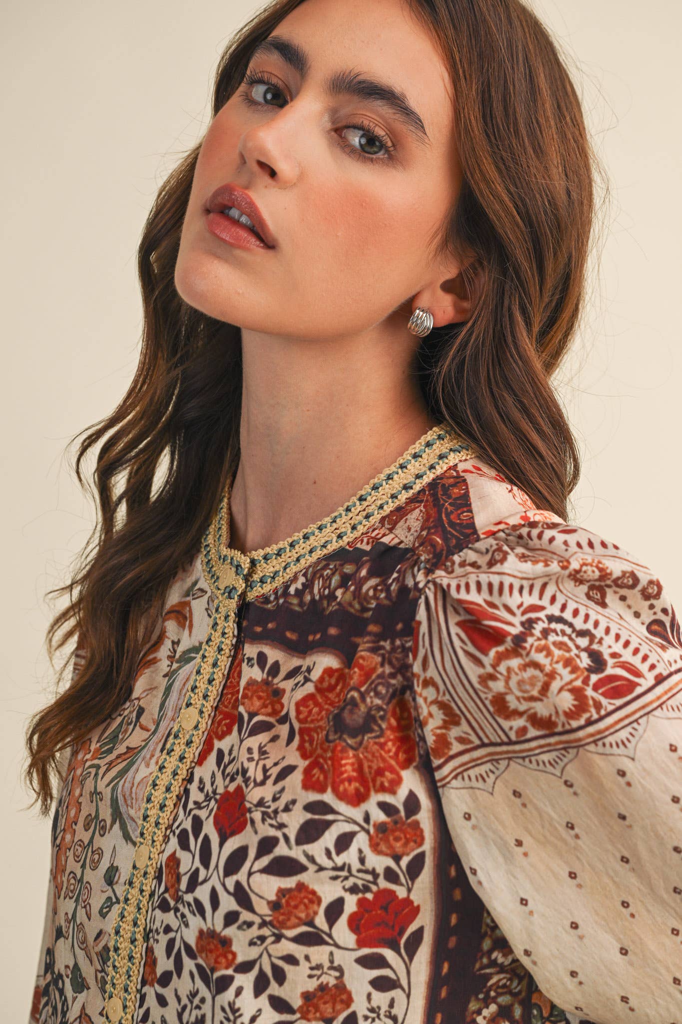 PATCHWORK PRINT CROCHET TRIM BUTTON DOWN TOP MTP4382