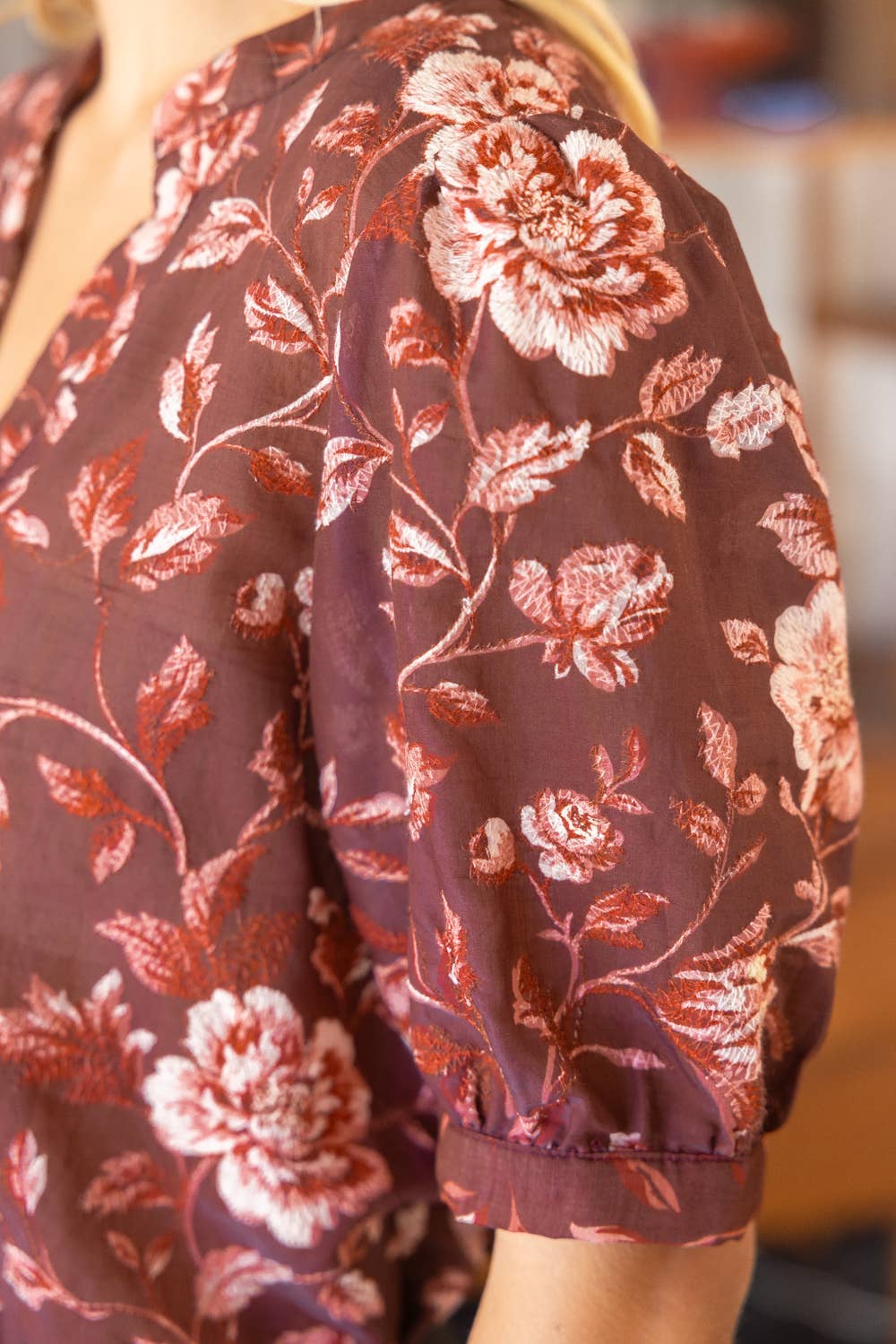 Maroon Floral Embroidered Button Down V-Neck Top