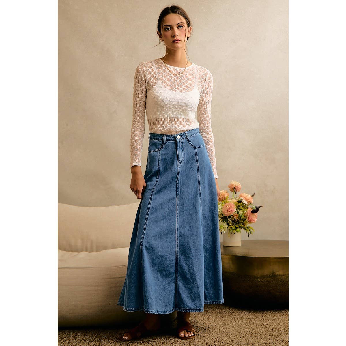 PLEATED DENIM WASHED WIDE FLOWY FIT MAXI SKIRT