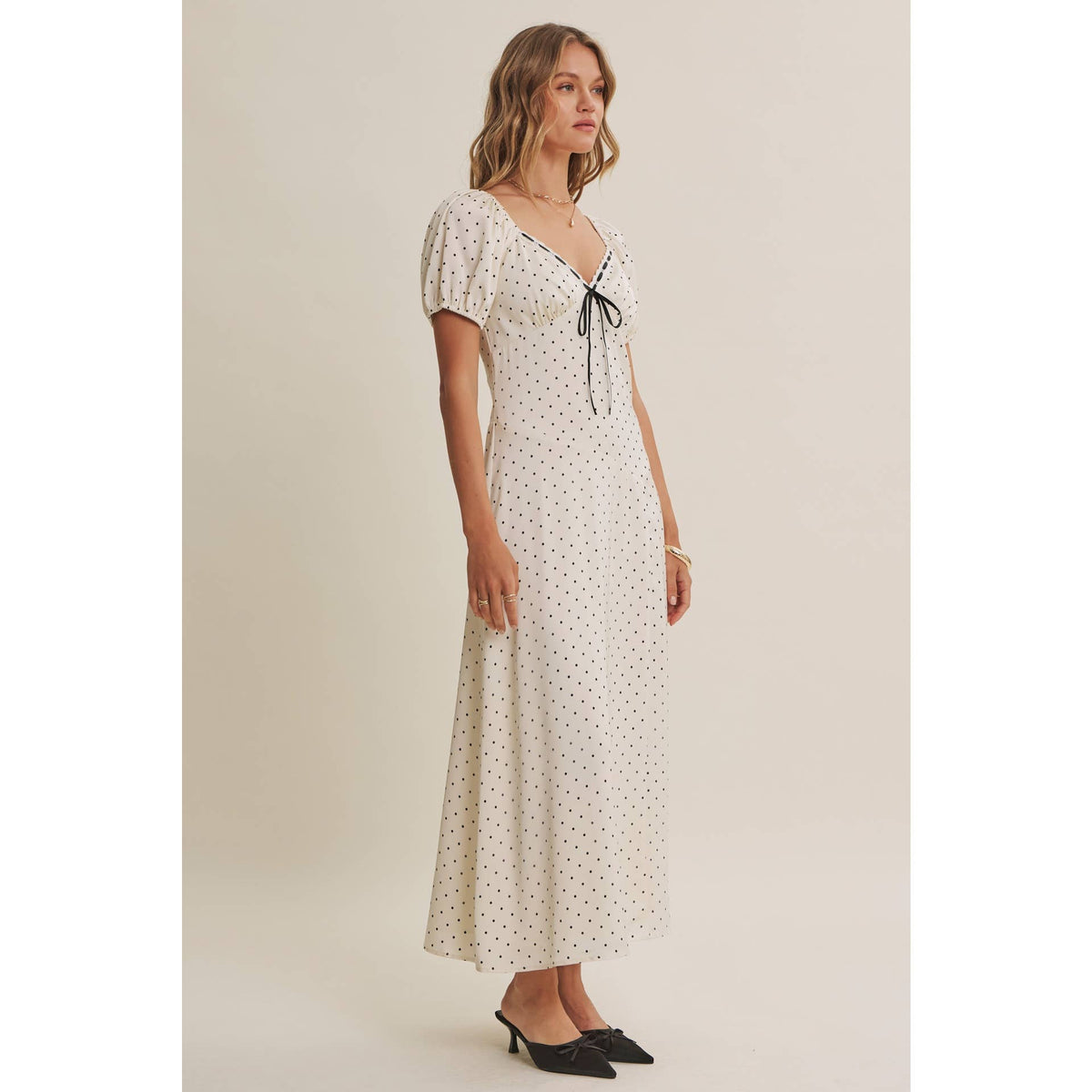 Vintage Paris Flowy Fit & Flare Polka Dot Satin Midi Dress-Ivory/Black