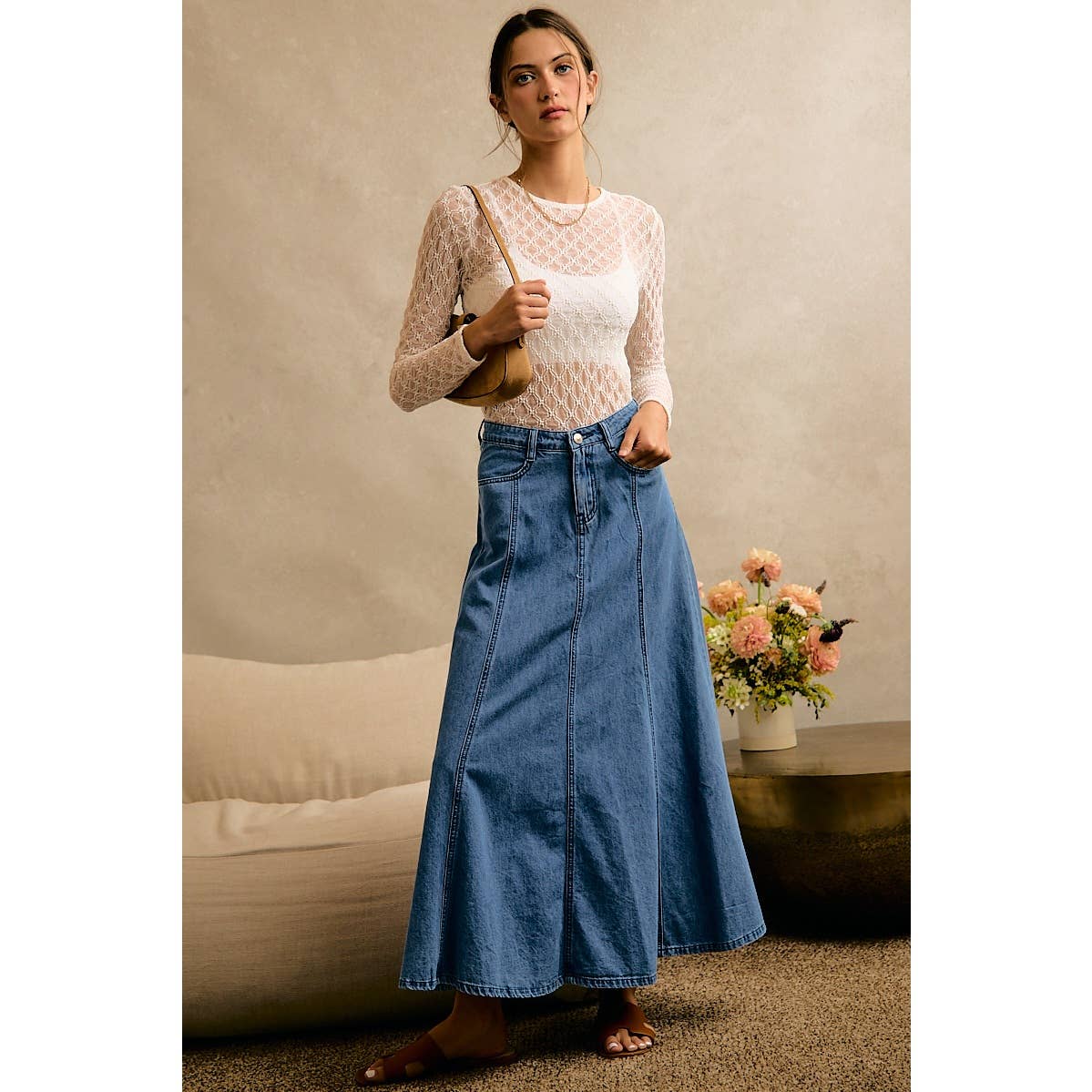 PLEATED DENIM WASHED WIDE FLOWY FIT MAXI SKIRT