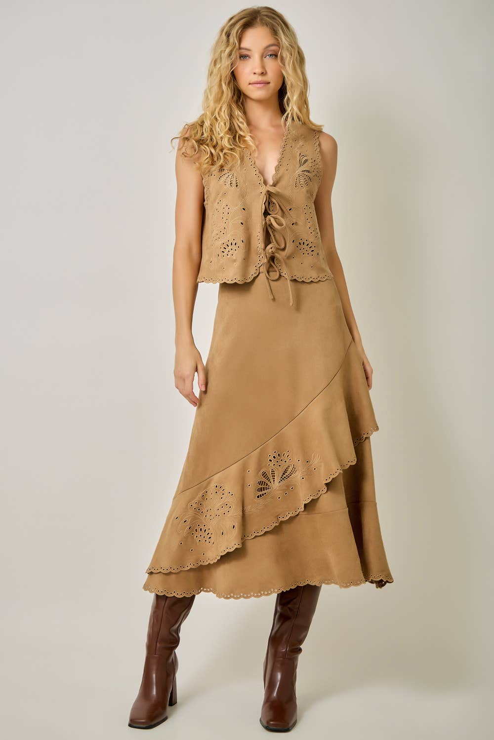 Suede Embroidered Ruffle Midi Skirt