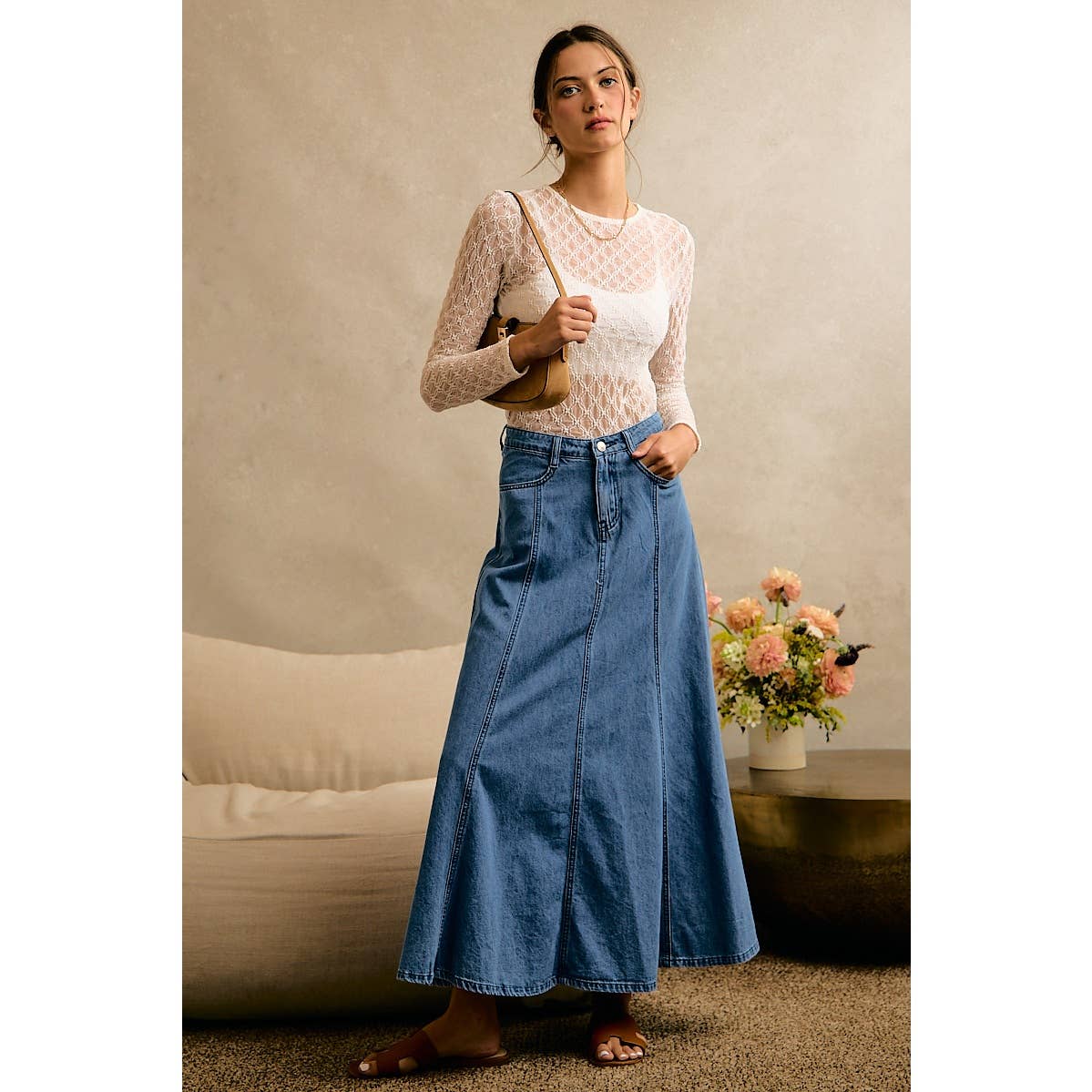 PLEATED DENIM WASHED WIDE FLOWY FIT MAXI SKIRT