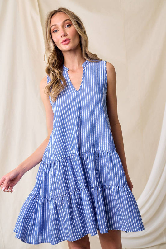 Summer Stripes Seersucker Dress-Blue & White