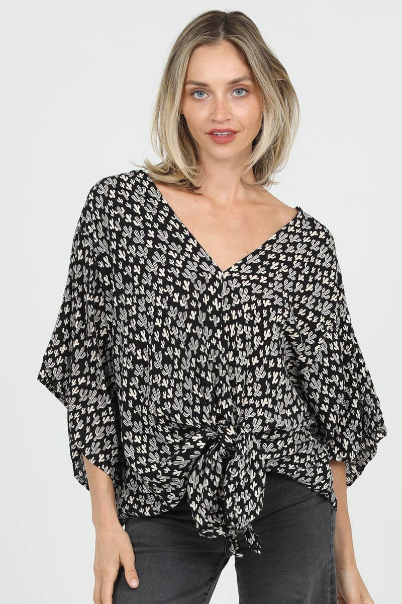 N2Q81-W980 CACTUS PRINT V NECK KIMONO SLEEVE BLOUSE WITH TIE