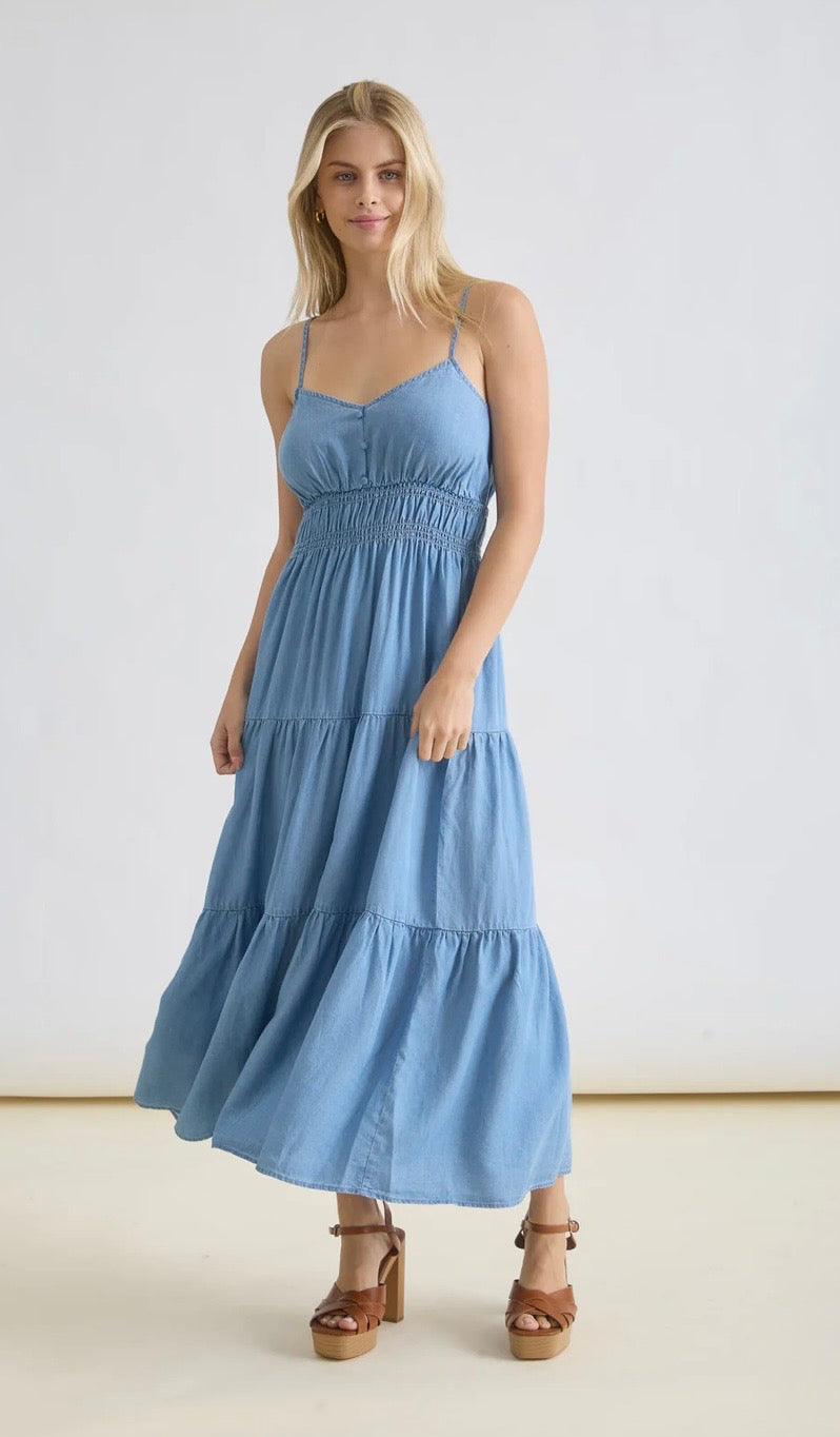 Chambray Spaghetti Strap Midi Dress