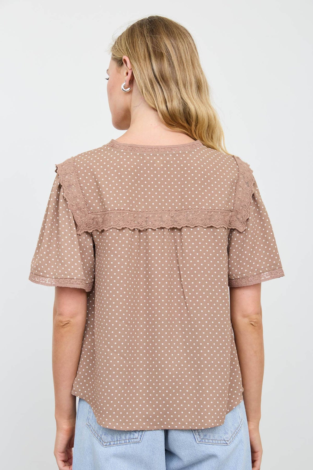 POLKA DOT LACE SQUARE COLLAR SHORT SLEEVE BLOUSE
