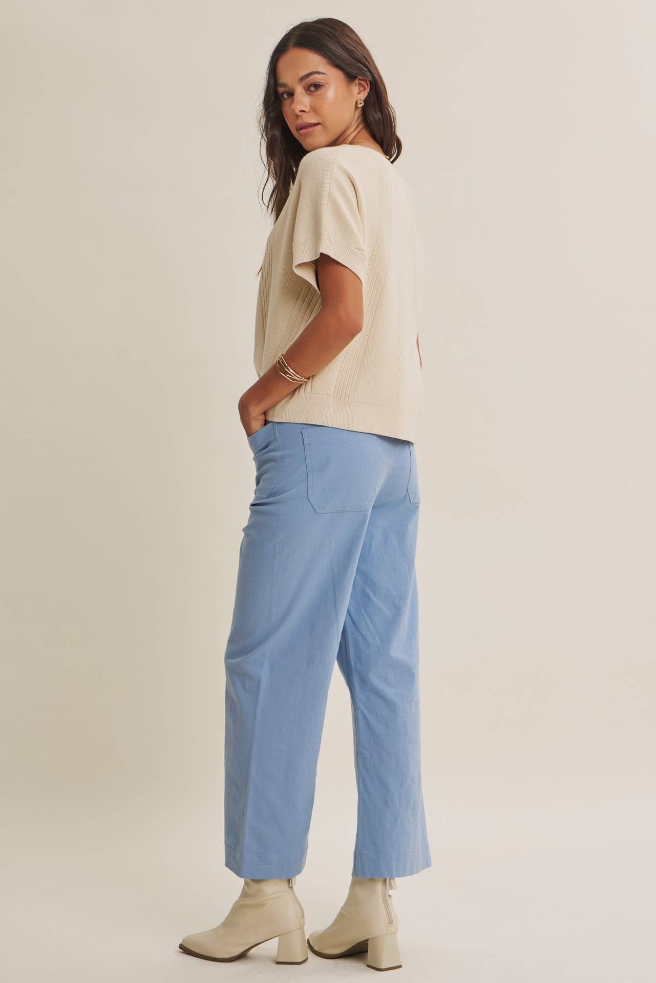 SEASONLESS STRETCHY COTTON LINEN ANKLE PANTS WITH POCKETS