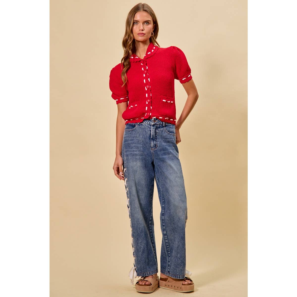 MID RISE STRAIGHT LEG DENIM SIDE LACE UP JEANS