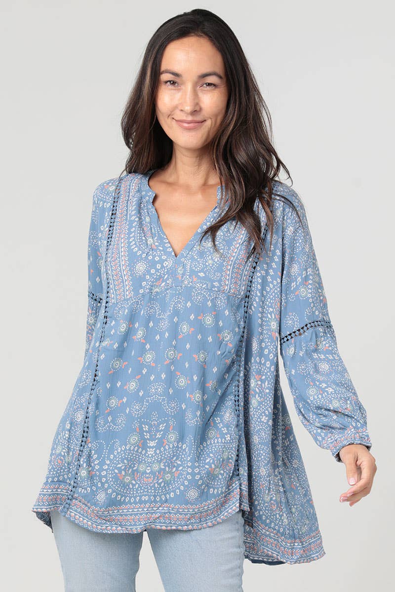 Blue Paisley Ladder Lace Detail Tunic Top