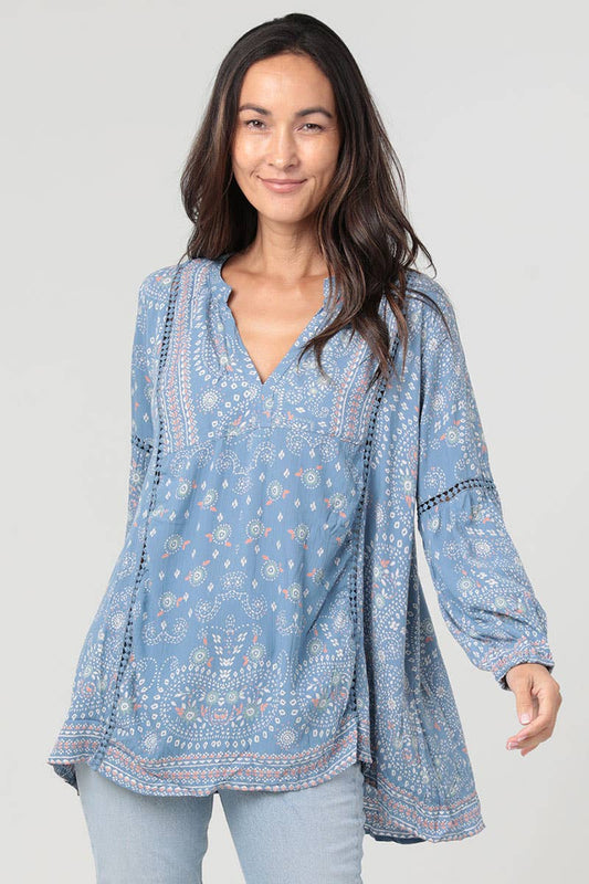 Blue Paisley Ladder Lace Detail Tunic Top