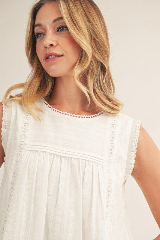 Sleeveless Babydoll Eyelet Top-White