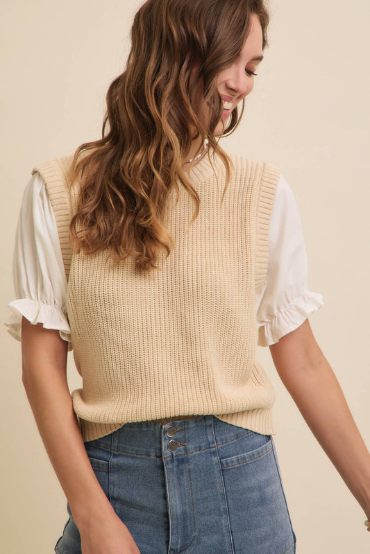 SOFT BLEND OF COZY WOVEN PUFF SLEEVE SWEATER KNIT TOP