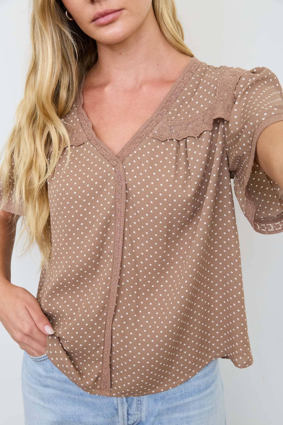 POLKA DOT LACE SQUARE COLLAR SHORT SLEEVE BLOUSE